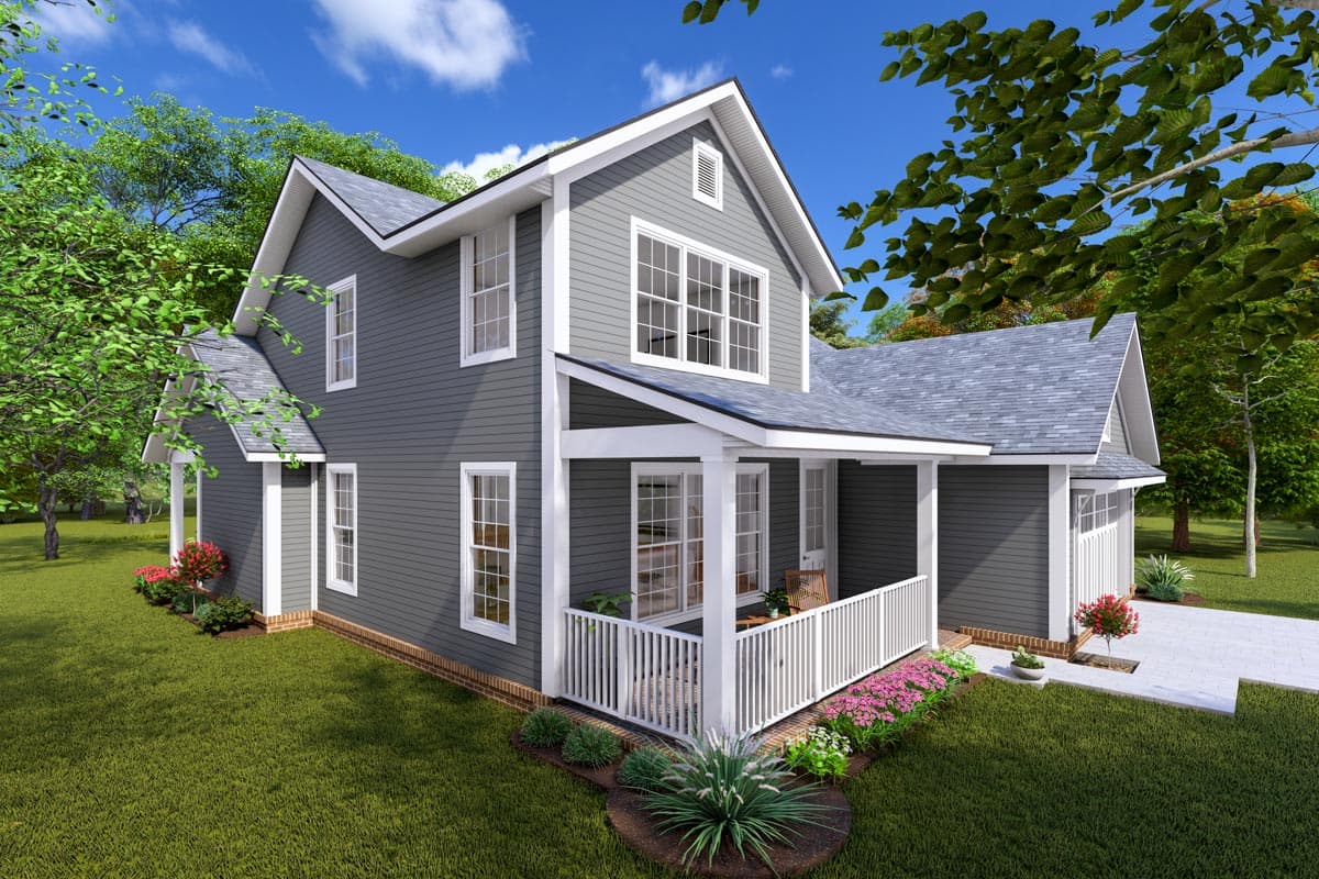 House plan exterior: two-story Modern Farmhouse with a wraparound porch, gable dormers, and a side-entry garage.