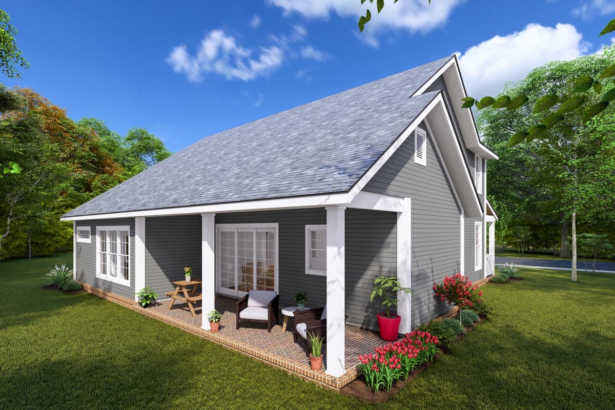 House plan exterior featuring a wraparound porch with columns, gabled dormers, and vinyl siding.