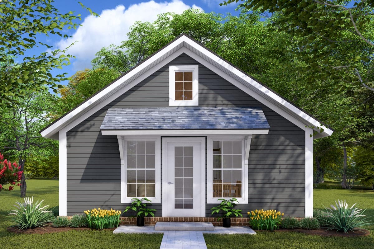 House plan exterior. One-story Cottage style with gabled roof, small dormer window, and covered entry. Features symmetrical window placement.