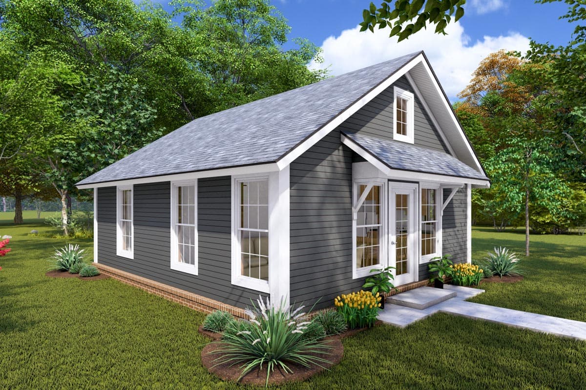 House plan exterior: One-story cottage-style home with dark siding, white trim, gable dormer, and double entry doors.