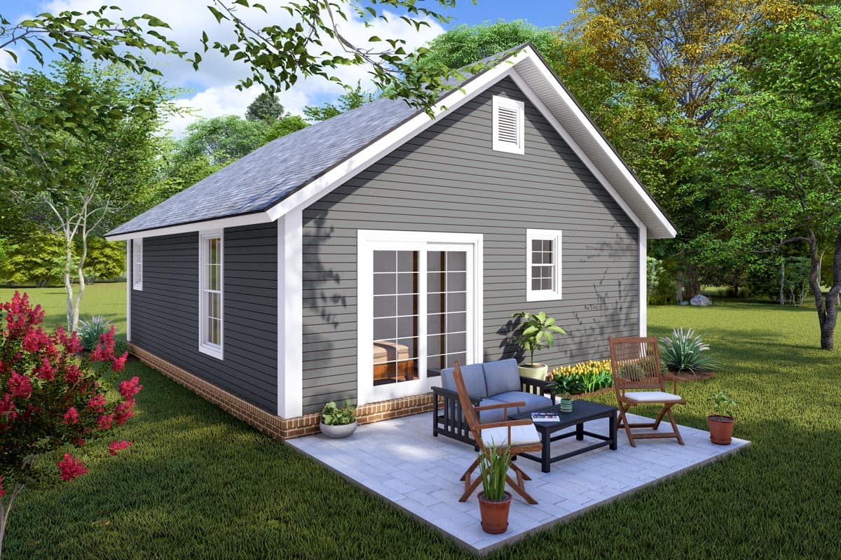 House plan exterior: One-story Modern Farmhouse with gray siding, gable vent, double sliding glass doors, and a small patio.