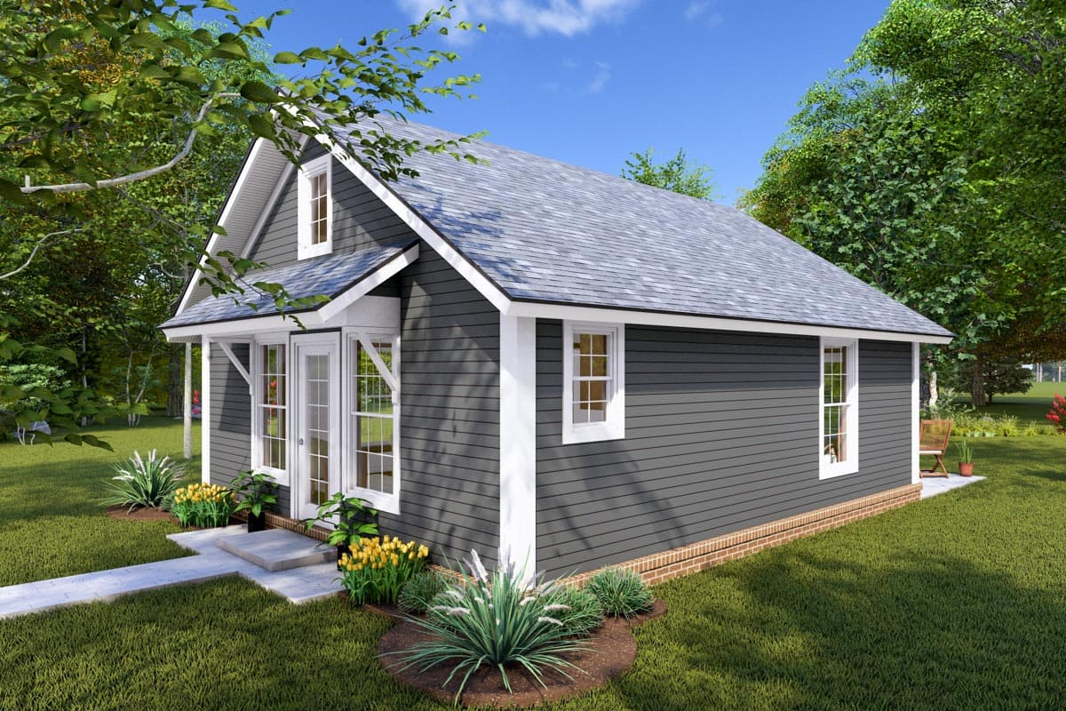House plan exterior: A one-story cottage-style home with a gabled roof, front porch, and double front doors.
