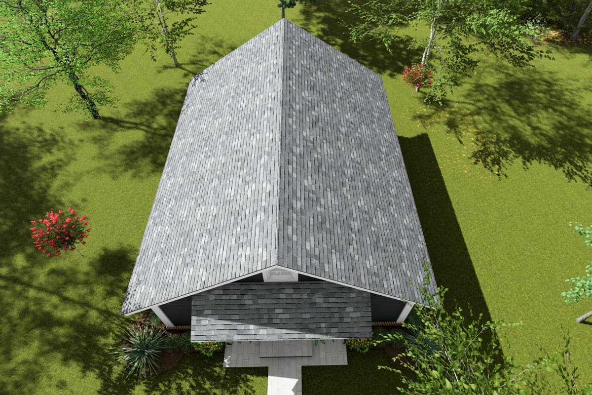 House plan exterior, overhead view, showing a steeply pitched gable roof and a covered entry with a transom window above.