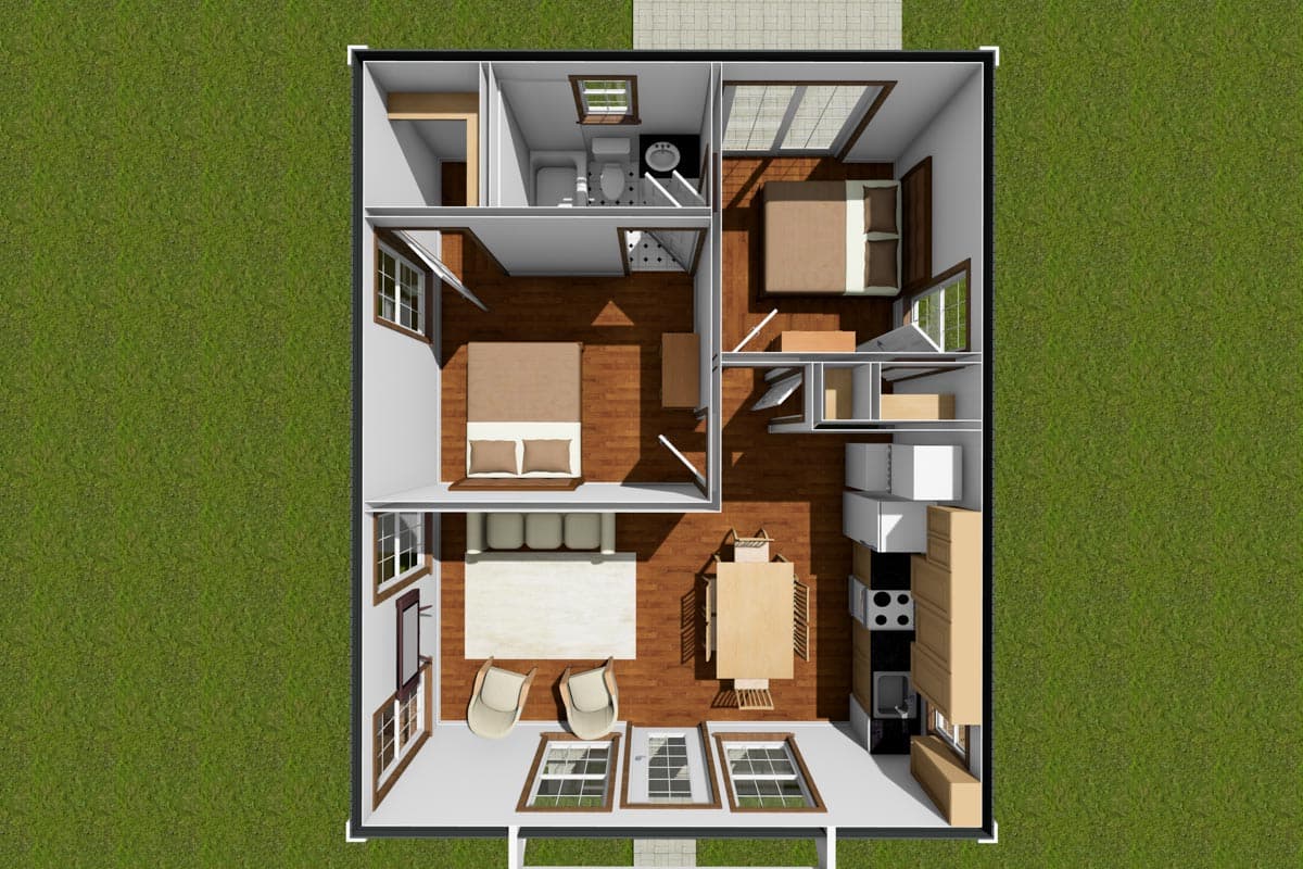 Plan 52334WM: 2-Bed ADU House Plan with Vaulted Living Room - 594 Sq Ft - Image #7 - Cabin, Cottage, Country, Traditional
