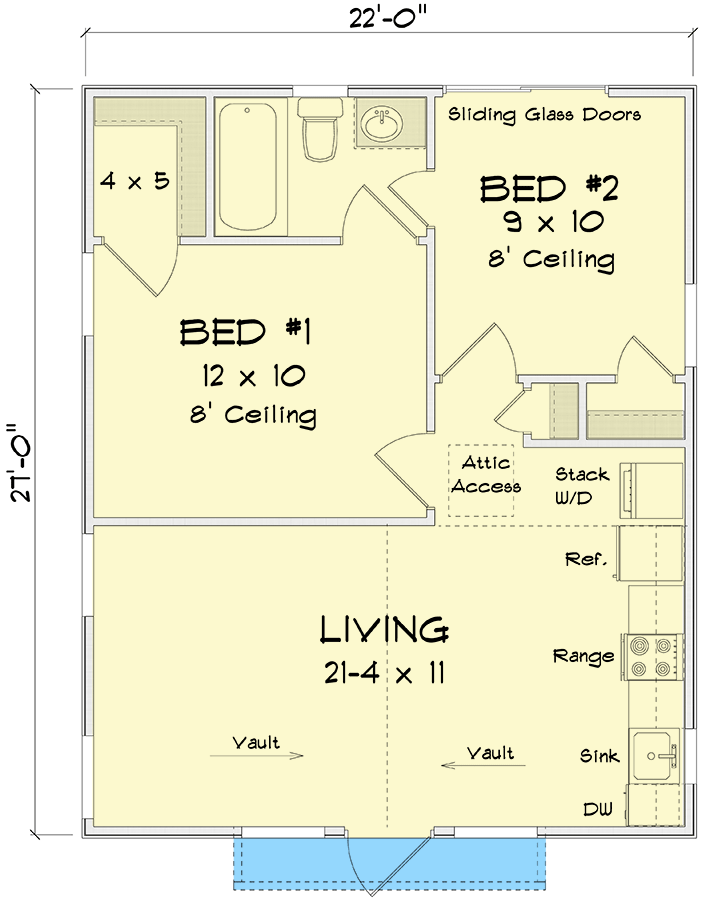Plan 52334WM: 2-Bed ADU House Plan with Vaulted Living Room - 594 Sq Ft - Floor Plan - Main Level - Cabin, Cottage, Country, Traditional
