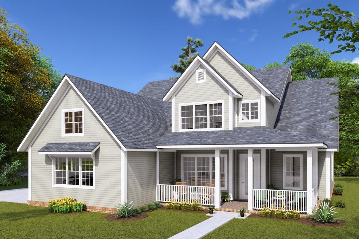 House plan exterior. Two-story, Craftsman-style home featuring a front porch with white railing, gabled rooflines, and multiple dormers.