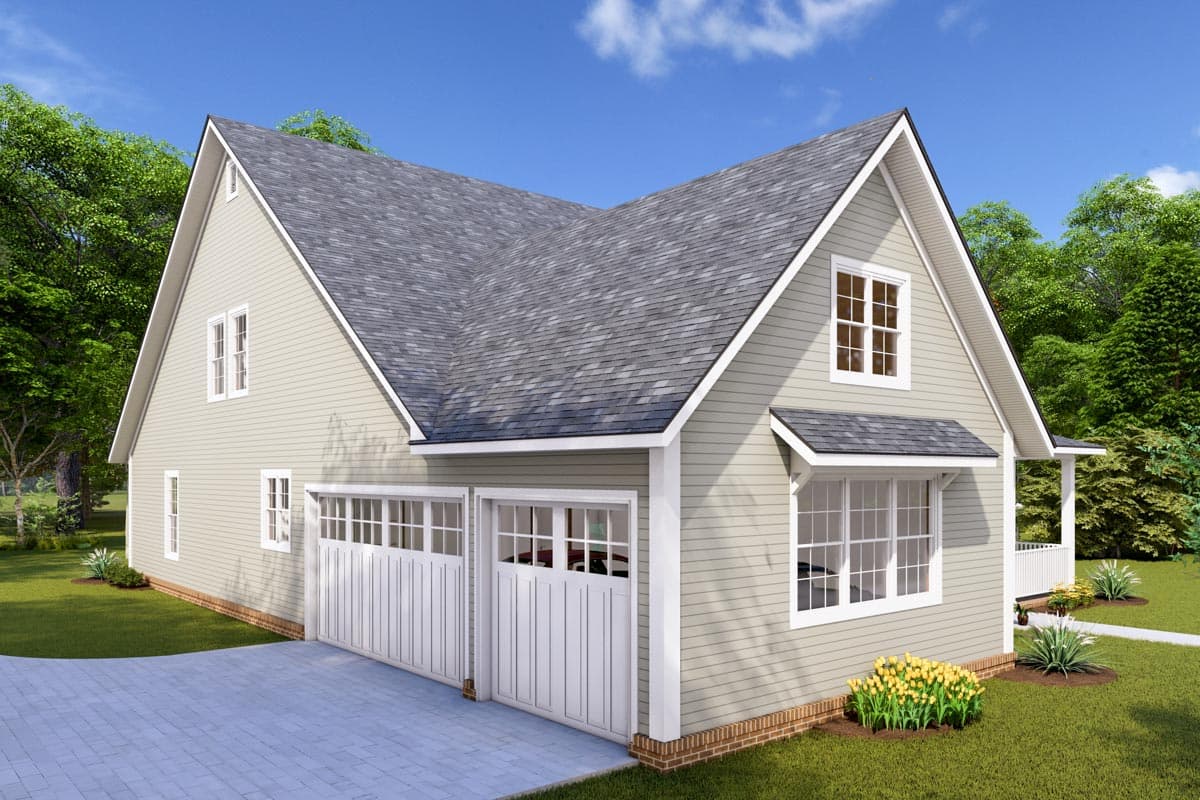 House plan exterior showing two-car garage, gabled roof, and multiple windows. Tall front gable.