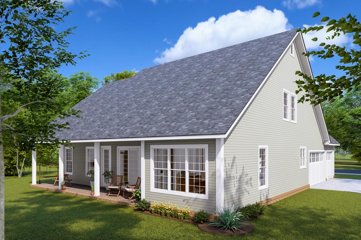 House plan exterior: One-story Modern Farmhouse with gabled dormer, covered porch, and side-entry garage.