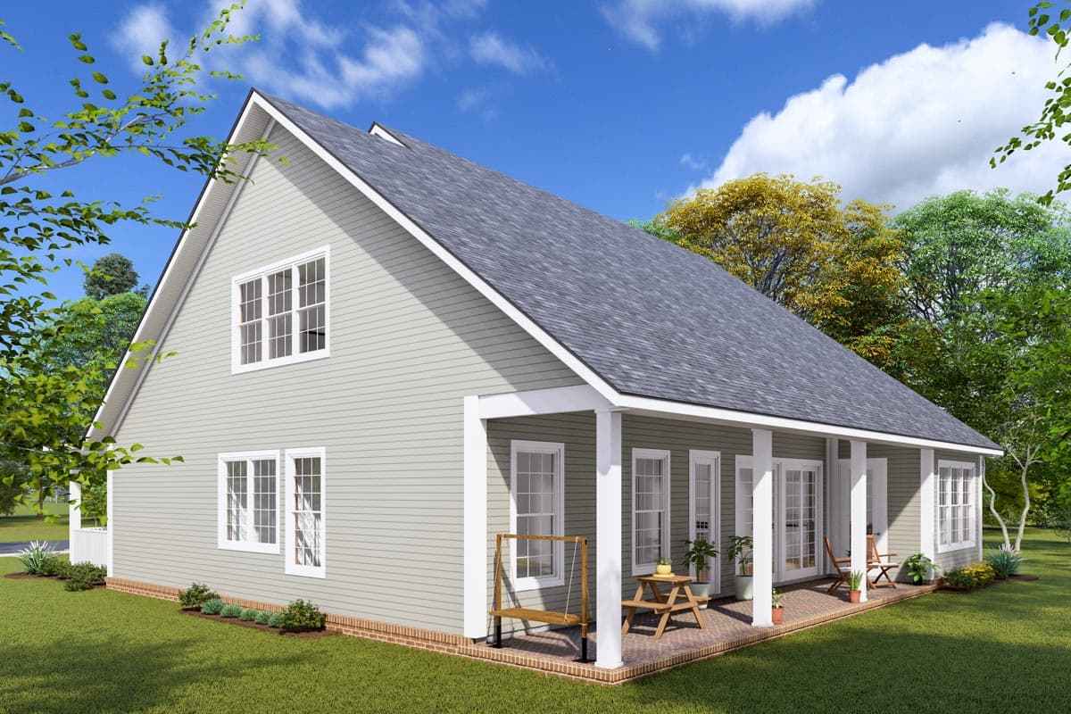 House plan exterior: Two-story Modern Farmhouse with a covered porch, gabled roof, and numerous grid windows.