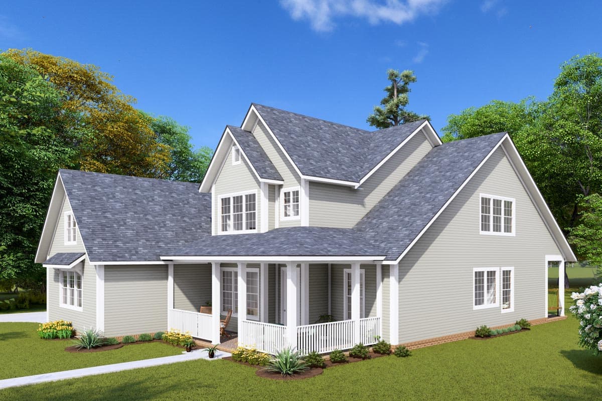 House plan exterior: two-story home with wrap-around porch, multiple gables, and white-trimmed windows.