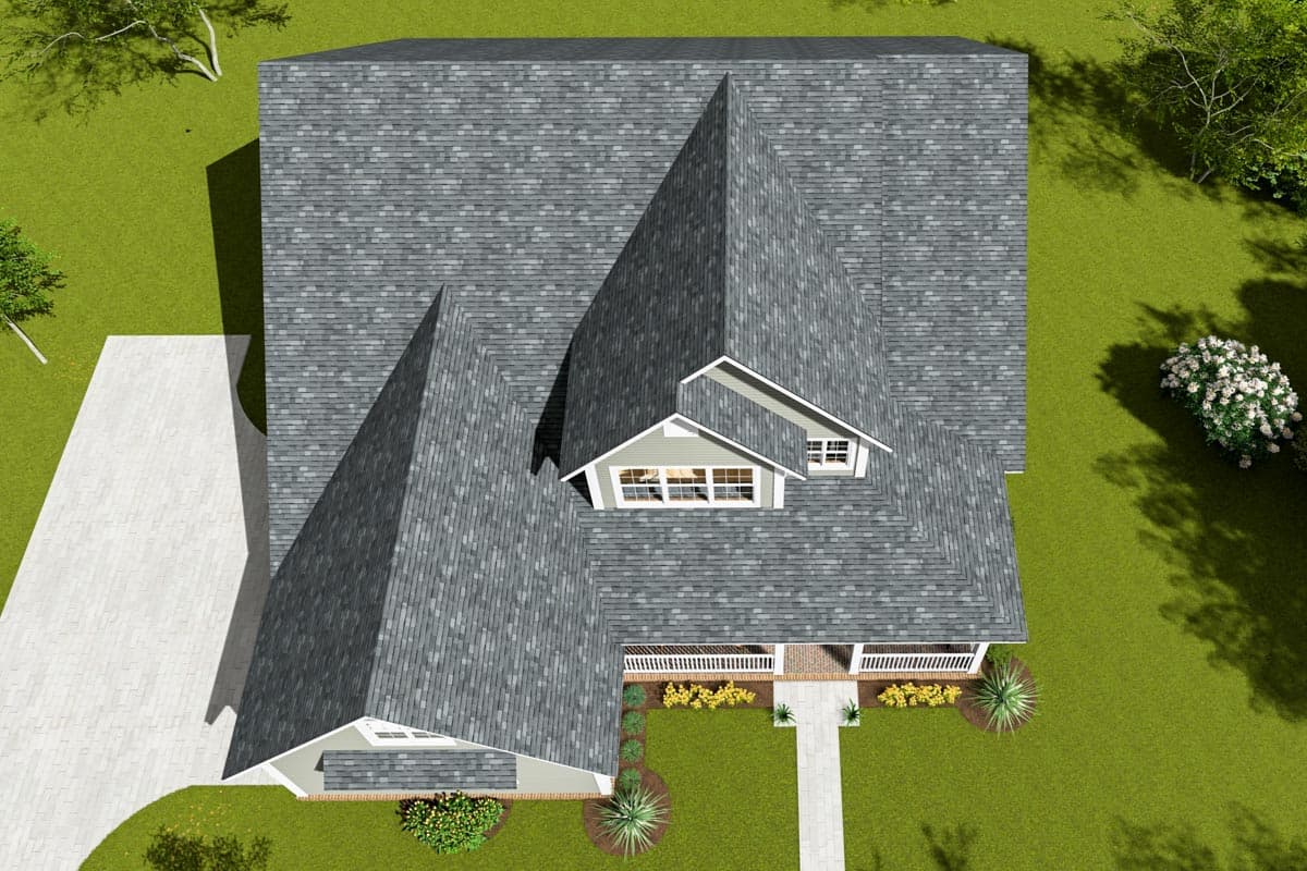 House plan exterior, two stories, featuring multiple gables, dormers, and a covered front porch with white railings.