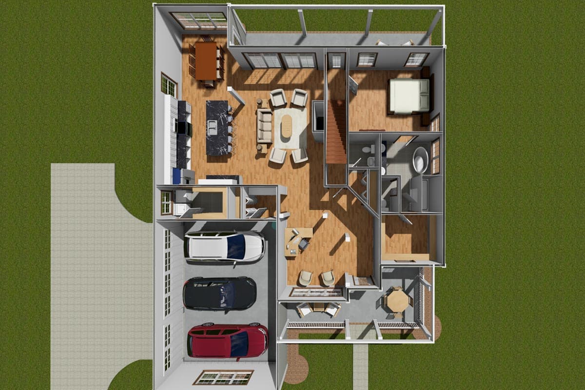 House plan aerial view showing kitchen, living area, bedrooms, bathrooms, and attached three-car garage.