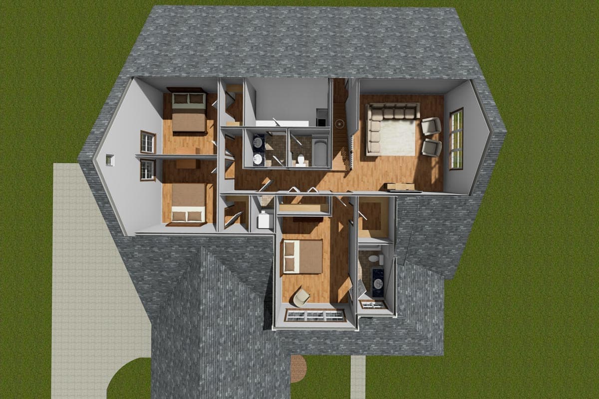 Architectural house plan rendering showing four bedrooms, three bathrooms, a great room, and kitchen.