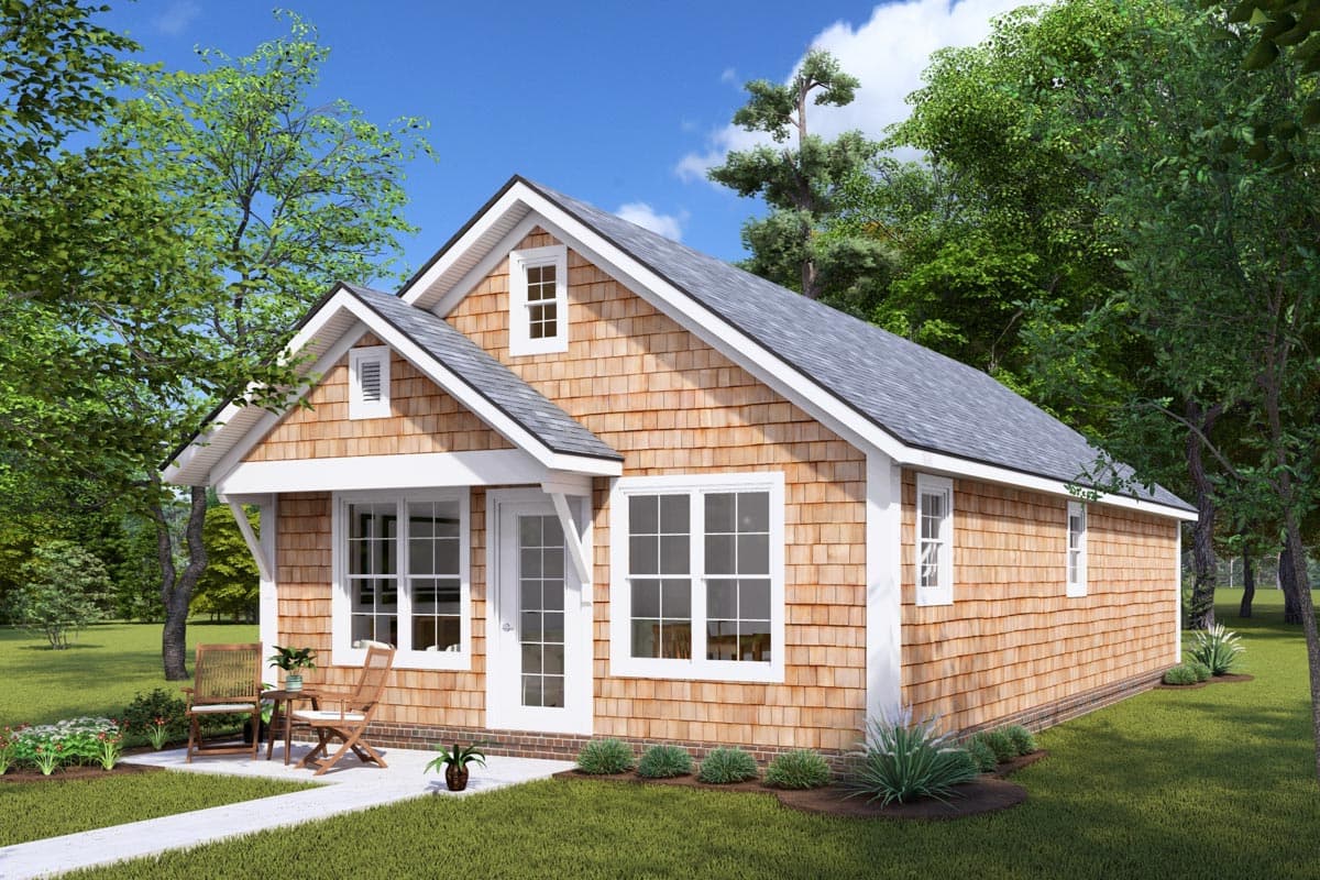 House plan exterior: Single-story cottage style with cedar shingles, gabled dormers, and a covered entry.