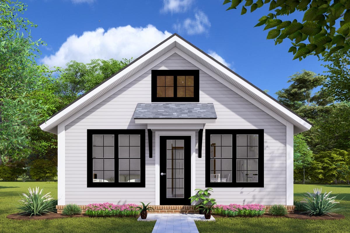 House plan exterior: one-story modern farmhouse with symmetrical windows, gable roof, dormer, and a covered entry.