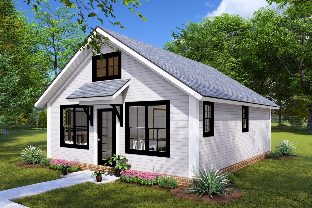 House plan exterior with gable roof, front entry porch with awning, and white siding.