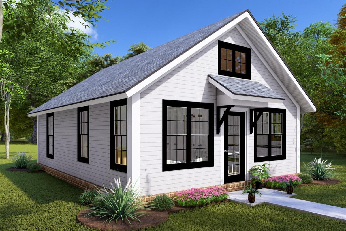 House plan exterior featuring a one-story cottage style with a gable roof, black-framed windows, and an overhanging porch above the entryway.