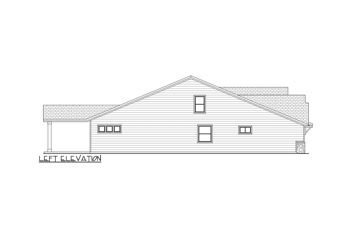Left elevation house plan shows a building with a long, sloping roof, horizontal siding, a covered porch, and multiple windows.