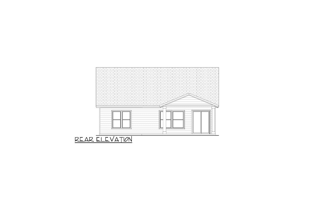 Rear elevation drawing of a one-story house with two windows, a gable roof over a covered area with sliding doors, and horizontal siding.