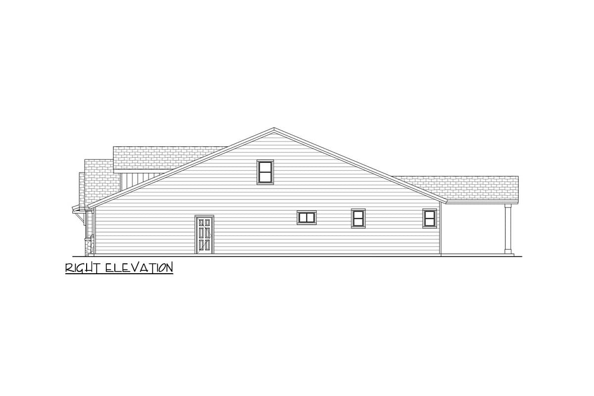 Right elevation house plan showing a single-story structure with a prominent gable roof, a double-door entrance, and a covered porch.