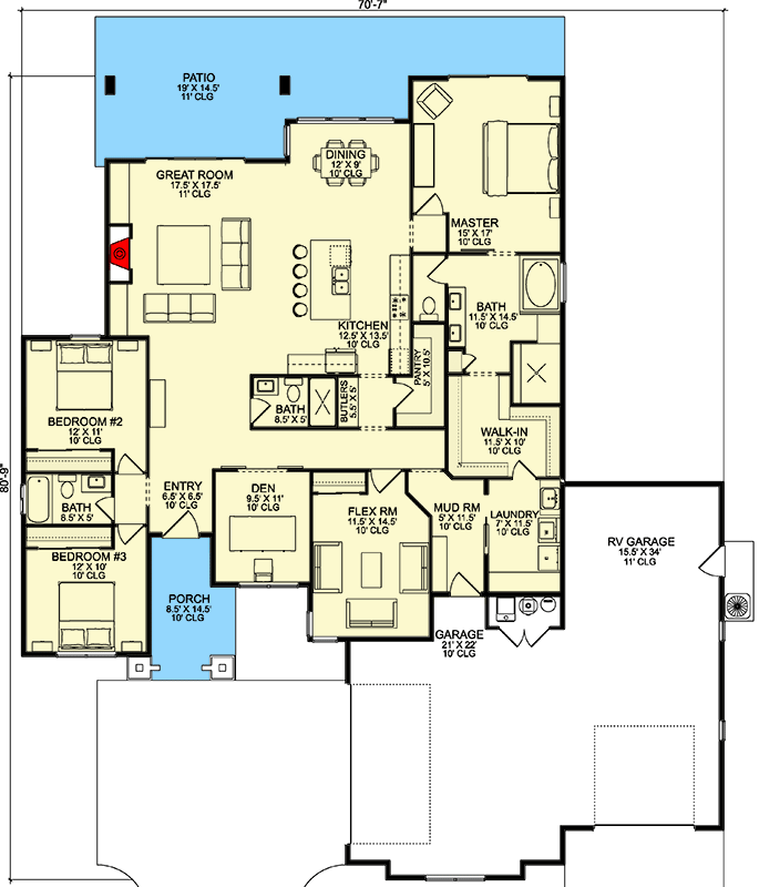 Plan 580068DFT: One-Story Mountain House Plan with RV Garage - 2509 Sq Ft - Floor Plan - Main Level - Craftsman, Mountain, New American, Ranch, Transitional