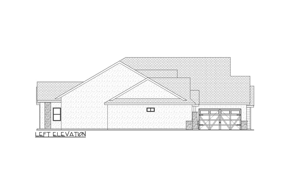 Left elevation of a house plan showing a two-car garage, gabled rooflines, and a single window.