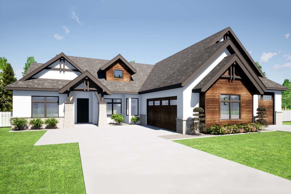House plan exterior rendering. Features include Craftsman-style gables, a covered entry, wood siding accent, and an attached garage.