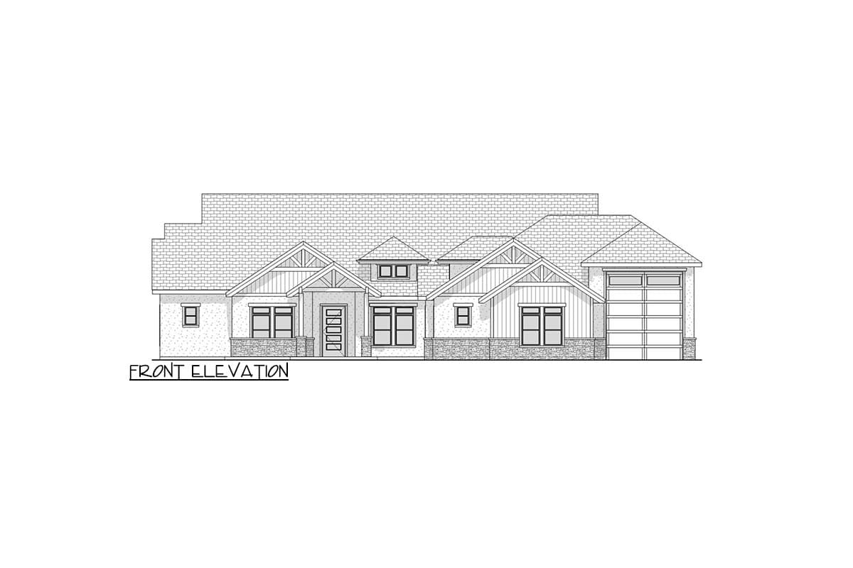 Front elevation drawing of a single-story house plan with gables, stone accents, and a two-car garage.
