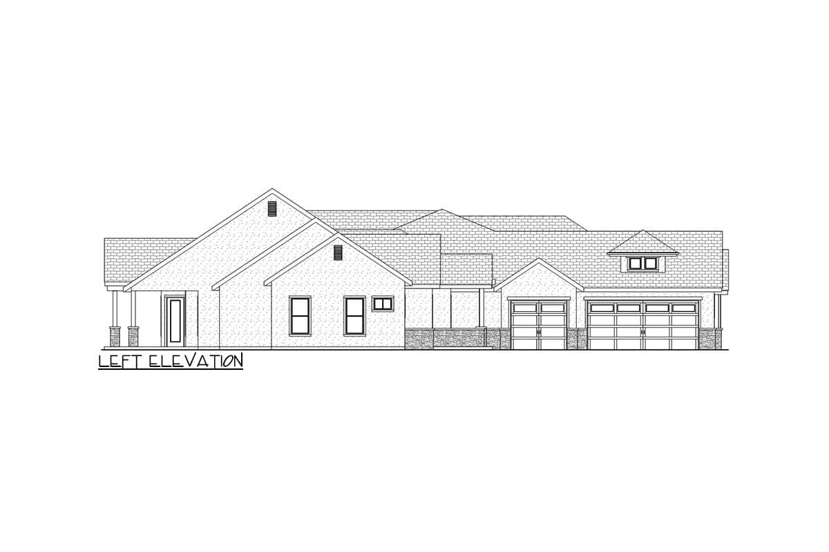 Left elevation drawing of a single-story house plan with a covered porch, multiple gables, and a three-car garage.