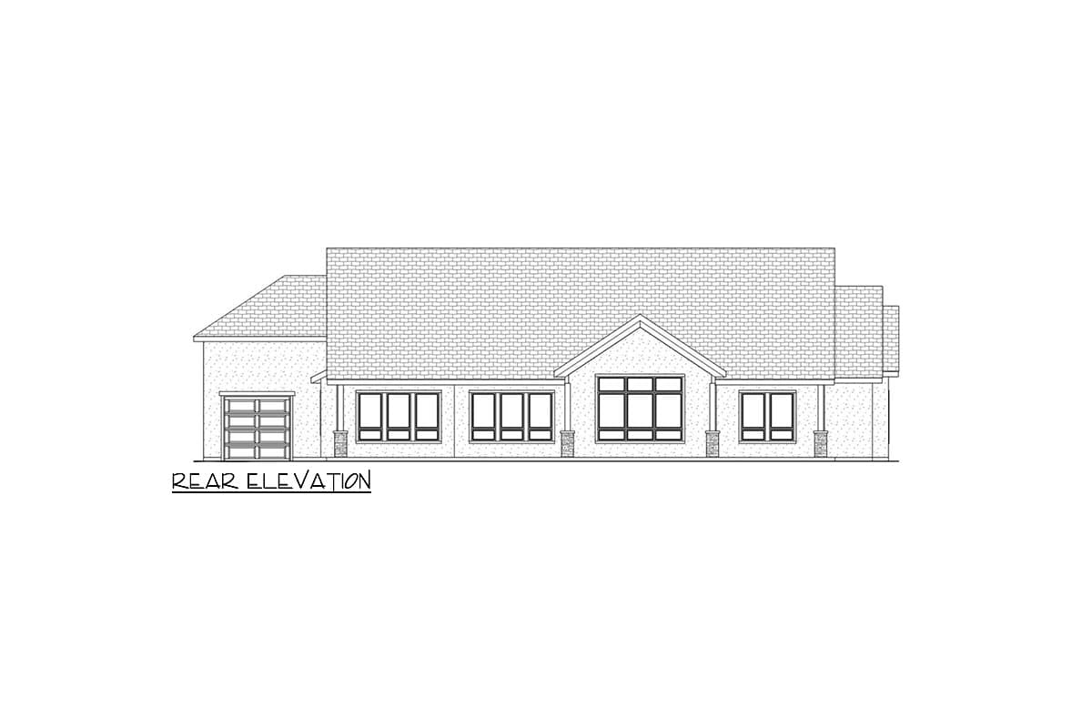 Rear elevation drawing of a single-story house plan, featuring a garage, gable, and multiple windows.