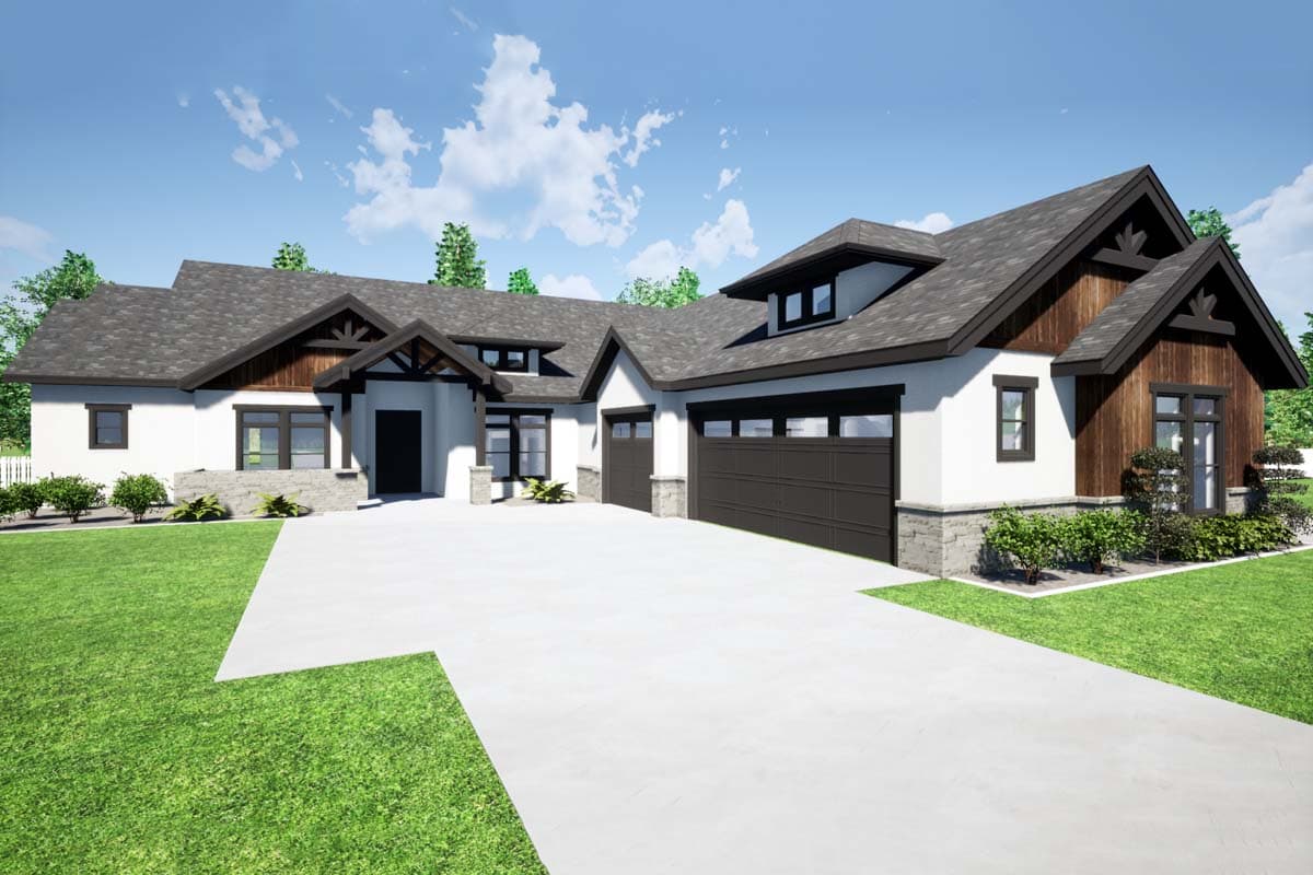 House plan exterior. Modern style, one-story home with gables, dormers, and a two-car garage. Features wood accents and stone veneer.