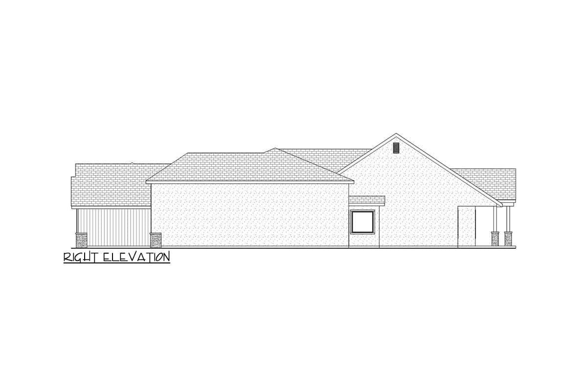 Right elevation drawing of a house plan showing a gabled roof, attached garage, and covered porch with stone columns.