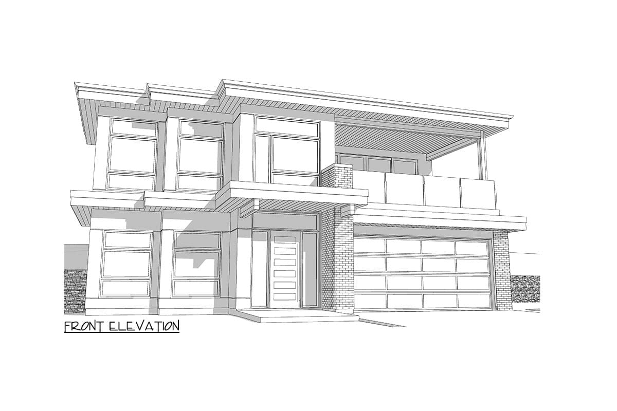 Front elevation drawing of a two-story modern house plan with layered rooflines, large windows, a covered balcony, and a multi-panel garage door.