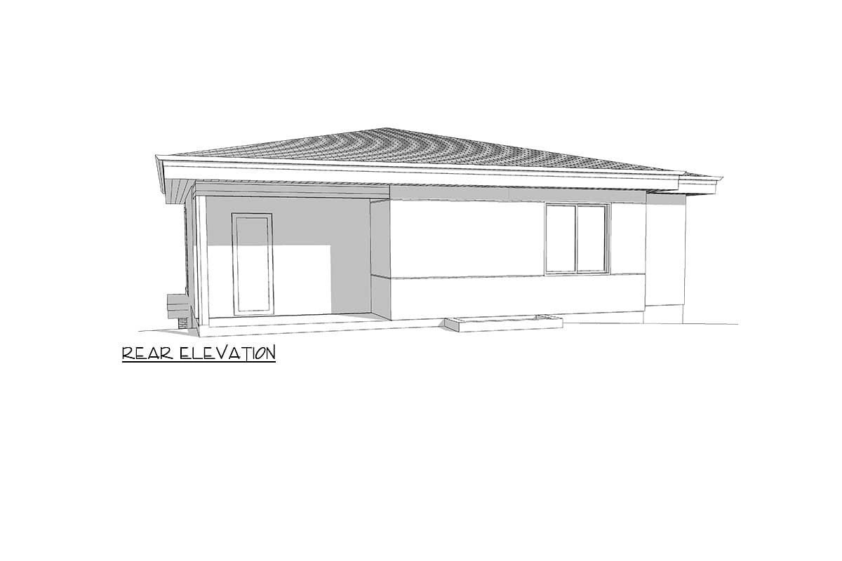 Rear elevation drawing of a single-story house with a hip roof, covered porch, and two windows.