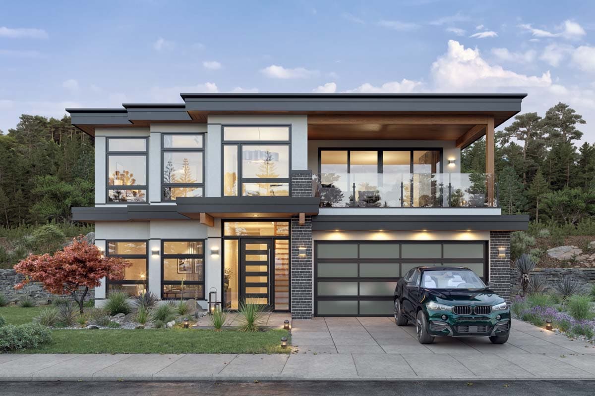 House plan exterior featuring a two-story modern style with flat roof, covered balcony, and glass garage door.