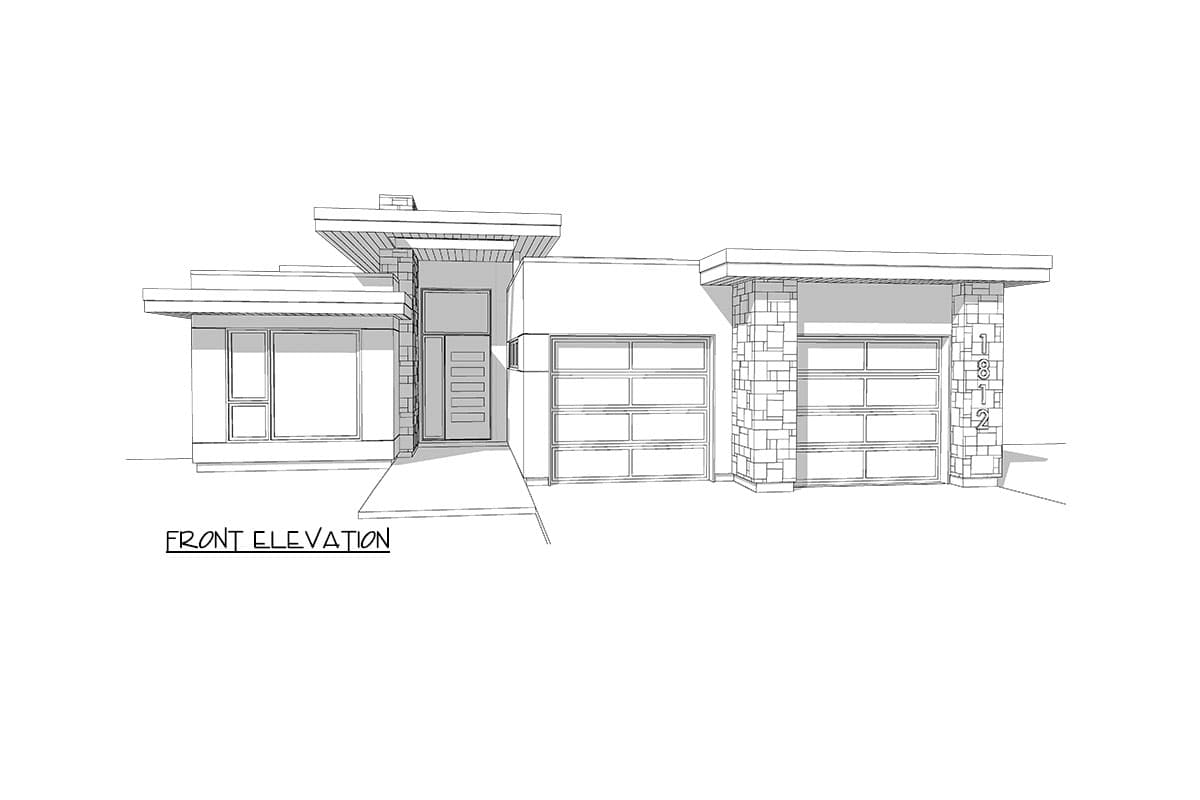 Front elevation drawing of a modern single-story house plan with two garages, horizontal windows, and stone accents.