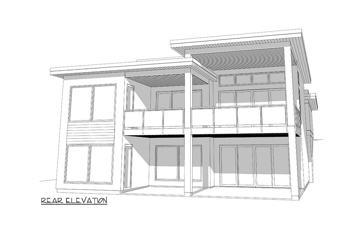 Rear elevation of a two-story modern house plan with balconies, large windows, and a flat roof.