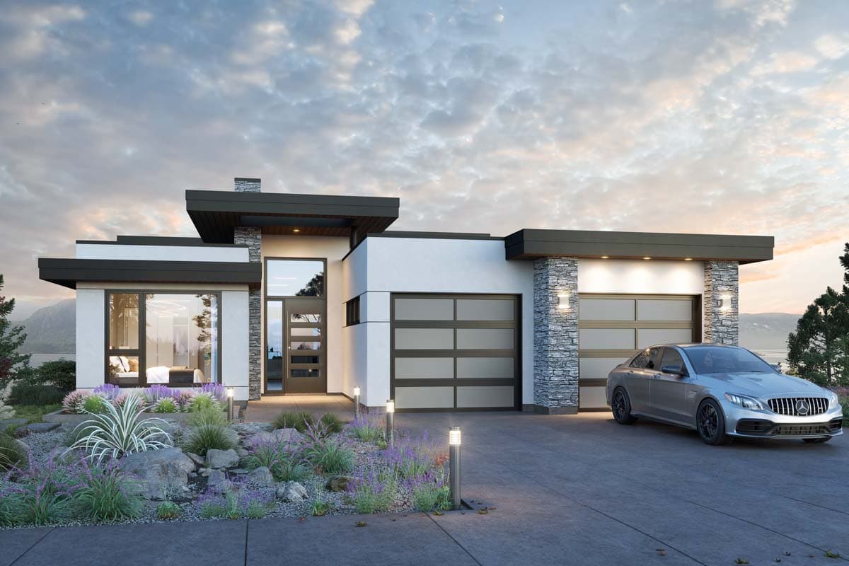 House plan exterior featuring a contemporary style, flat rooflines, stone accents, and a two-car garage. Landscaping and a car are in the driveway.
