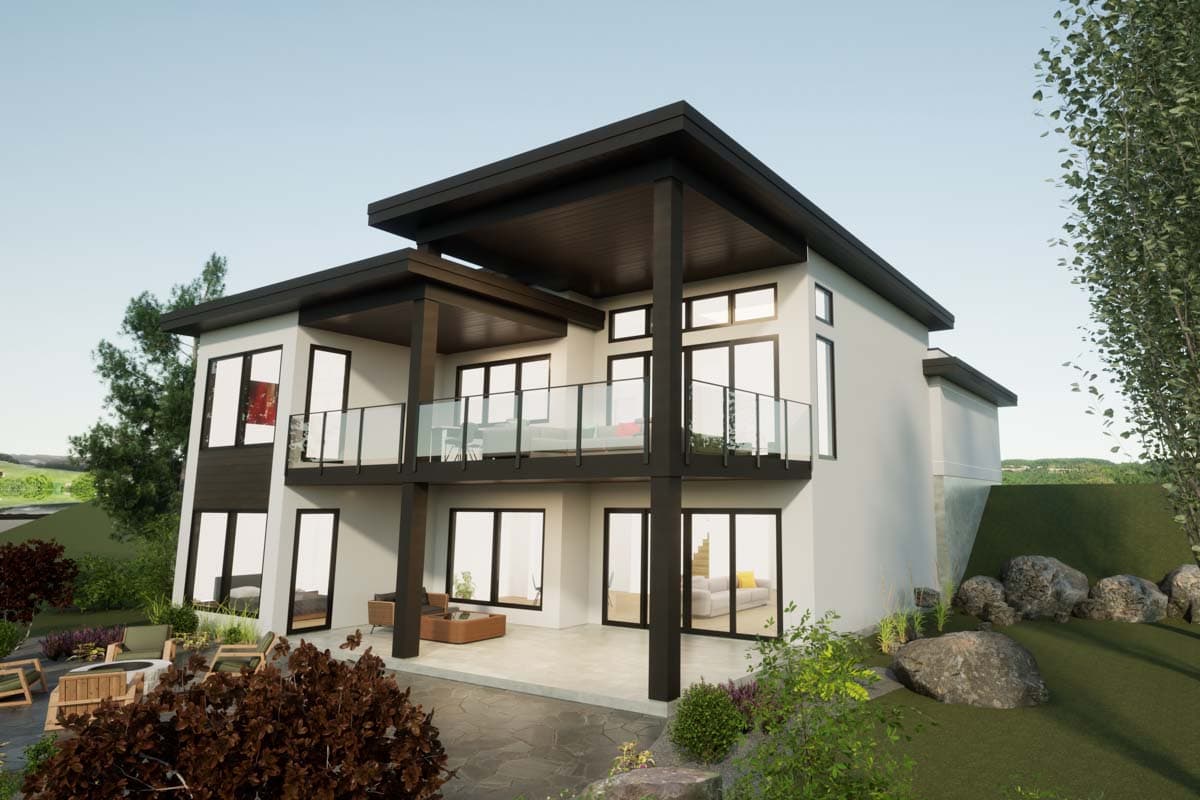 Modern house plan exterior, two stories, with flat rooflines, upper-level deck with glass railing, and lower-level patio.