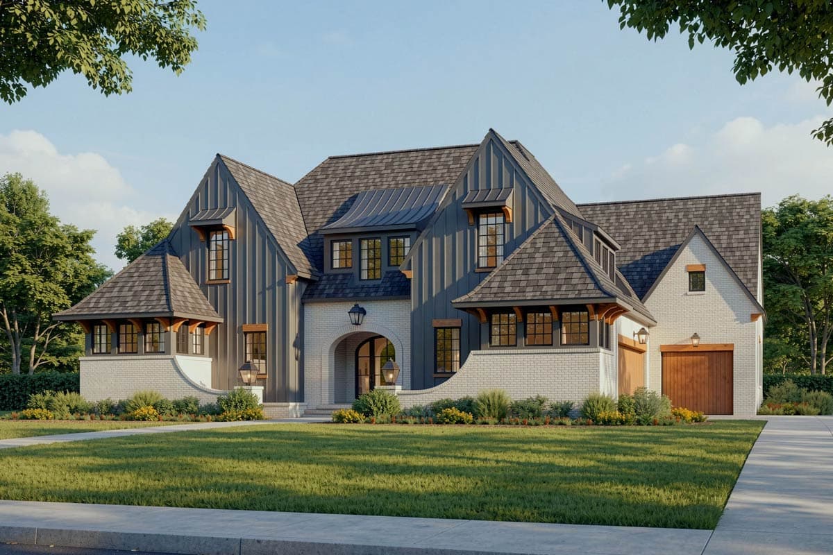 Plan 93203EL: Transitional House Plan with Upstairs Home Office and Game Room - 3976 Sq Ft - Image #1 - European, New American, Transitional, Tudor