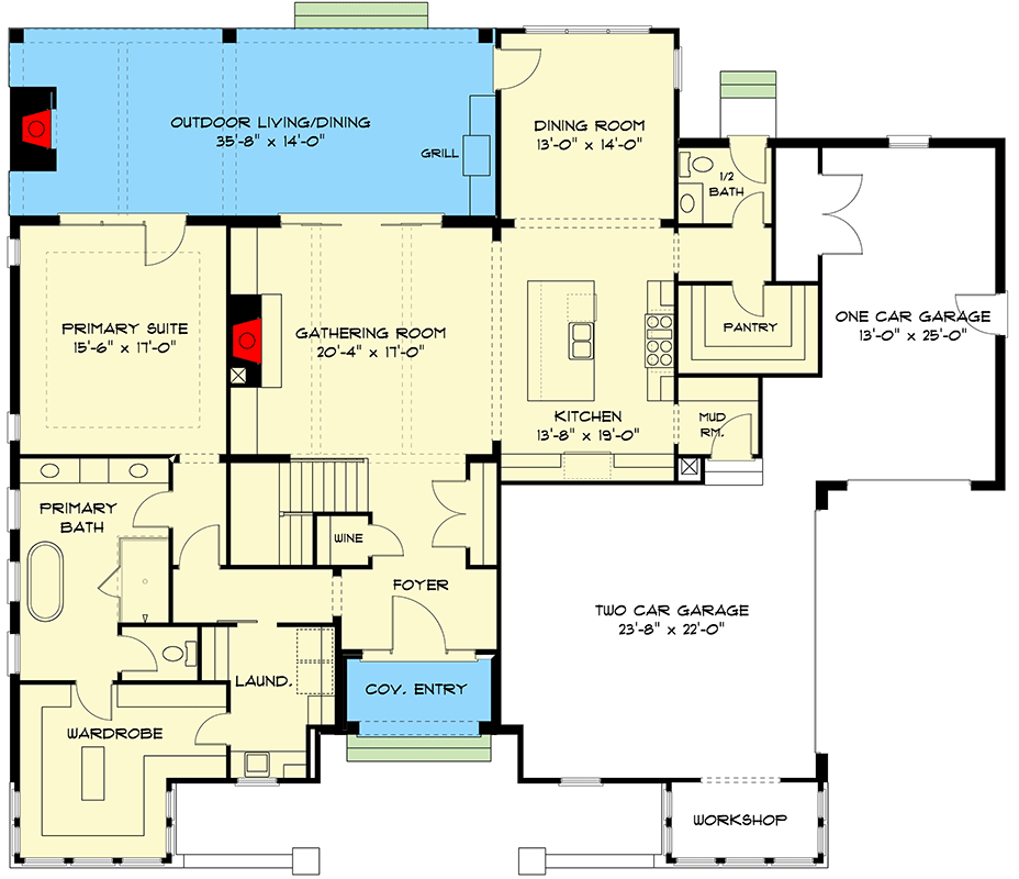 Plan 93203EL: Transitional House Plan with Upstairs Home Office and Game Room - 3976 Sq Ft - Floor Plan - Main Level - European, New American, Transitional, Tudor
