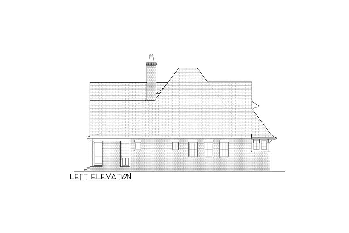 Left elevation drawing of a house plan showing a brick exterior, chimney, and varied rooflines.