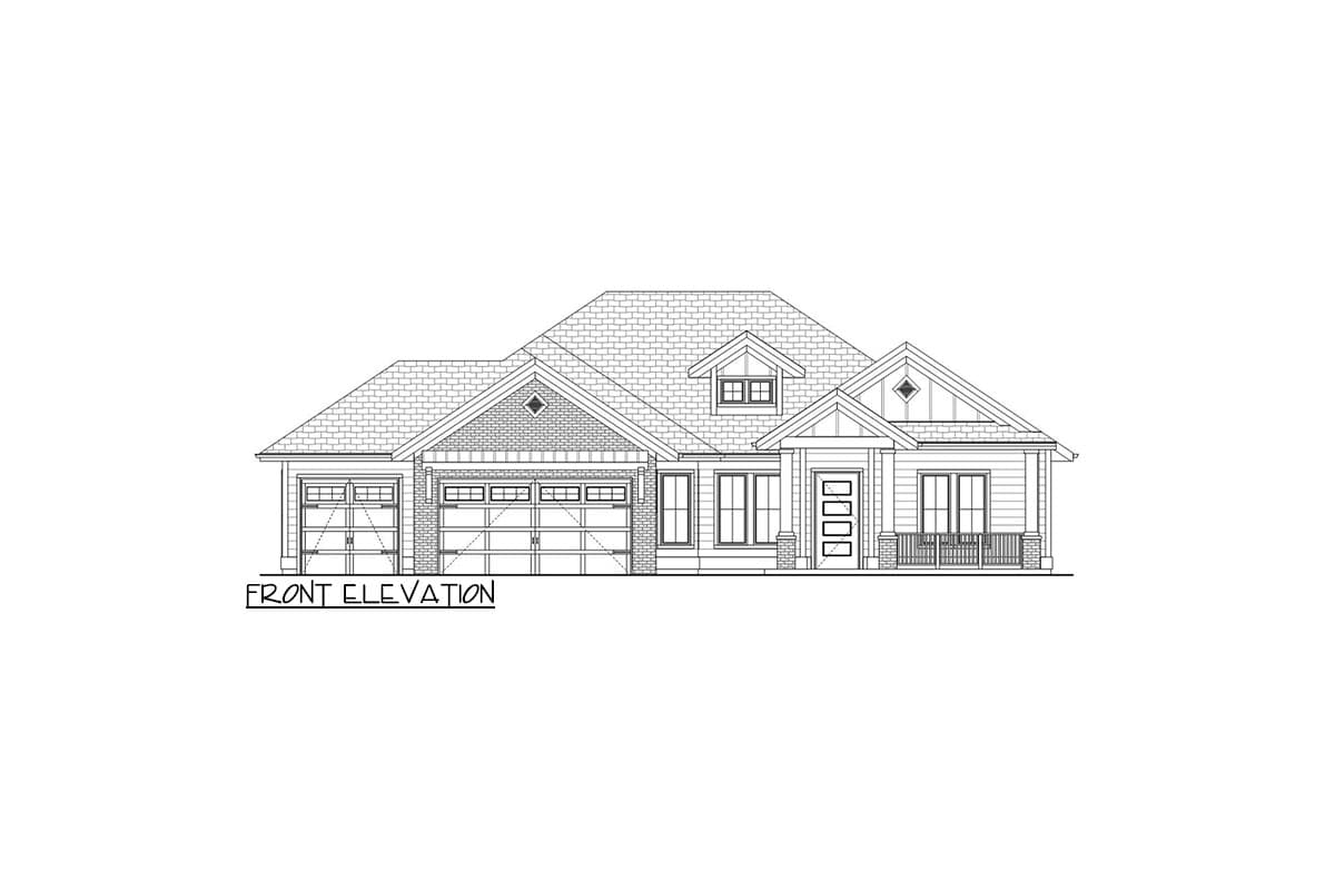Front elevation drawing of a one-story house plan with a prominent gable, dormer, covered front porch, and a three-car garage.