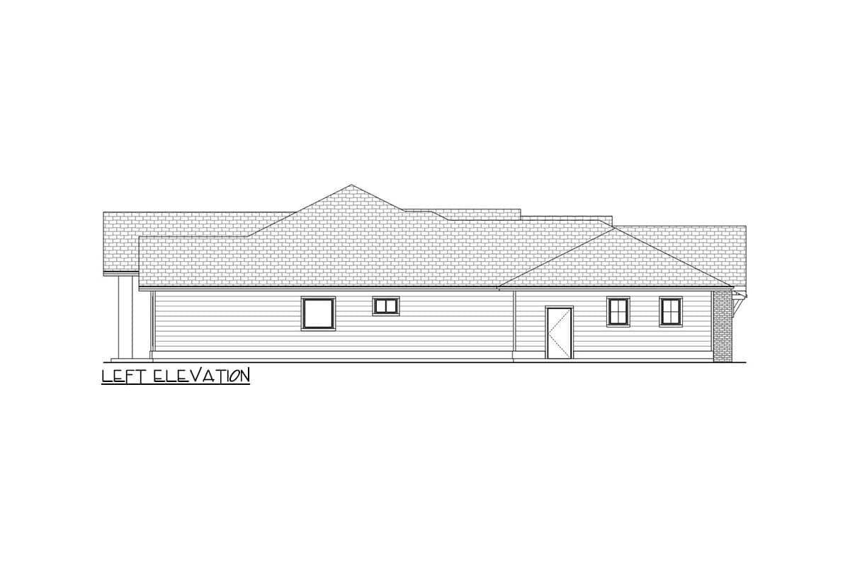 Left elevation drawing of a single-story house plan with horizontal siding, a pitched roof, one door, and four windows.