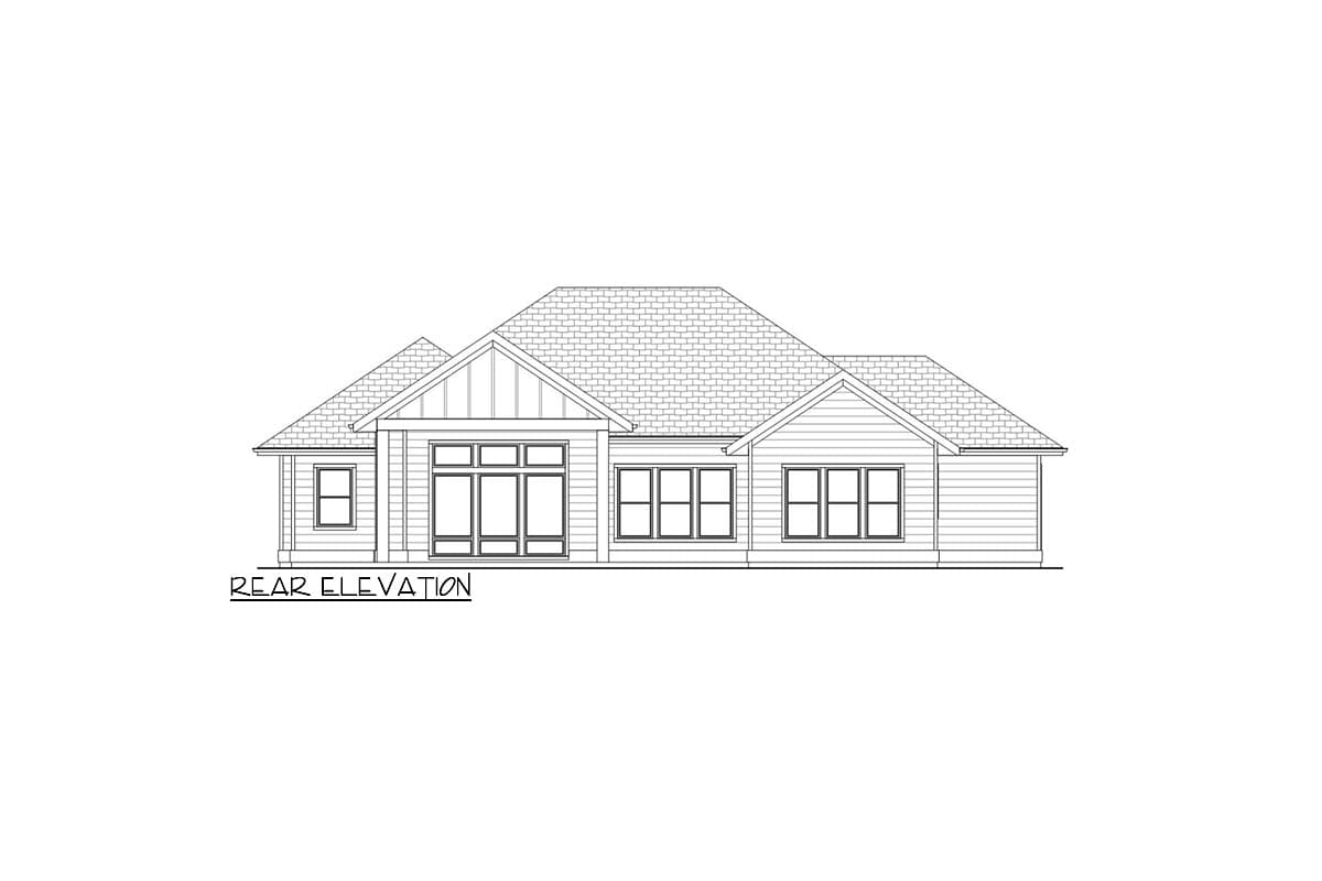 Rear elevation drawing of a single-story house plan with multiple gables, horizontal siding, and various window configurations.