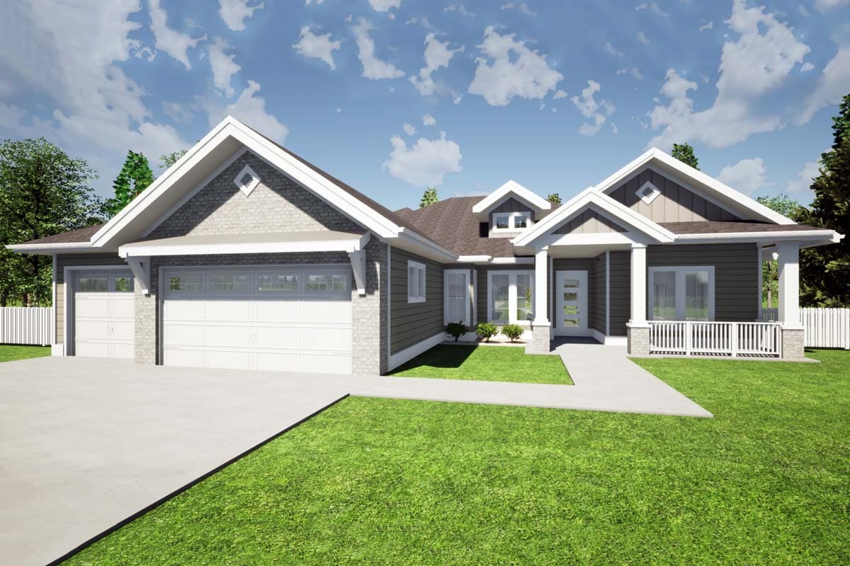 House plan exterior. Ranch style with a two-car garage, multiple gables, and a front porch with a railing. Single story.