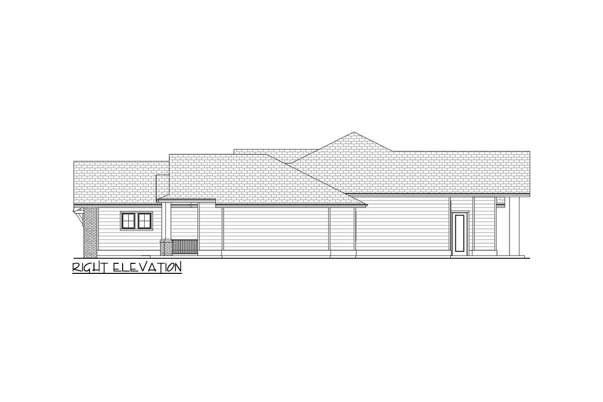 House plan right elevation showing a single-story structure with varied rooflines, a covered entry, and horizontal siding.