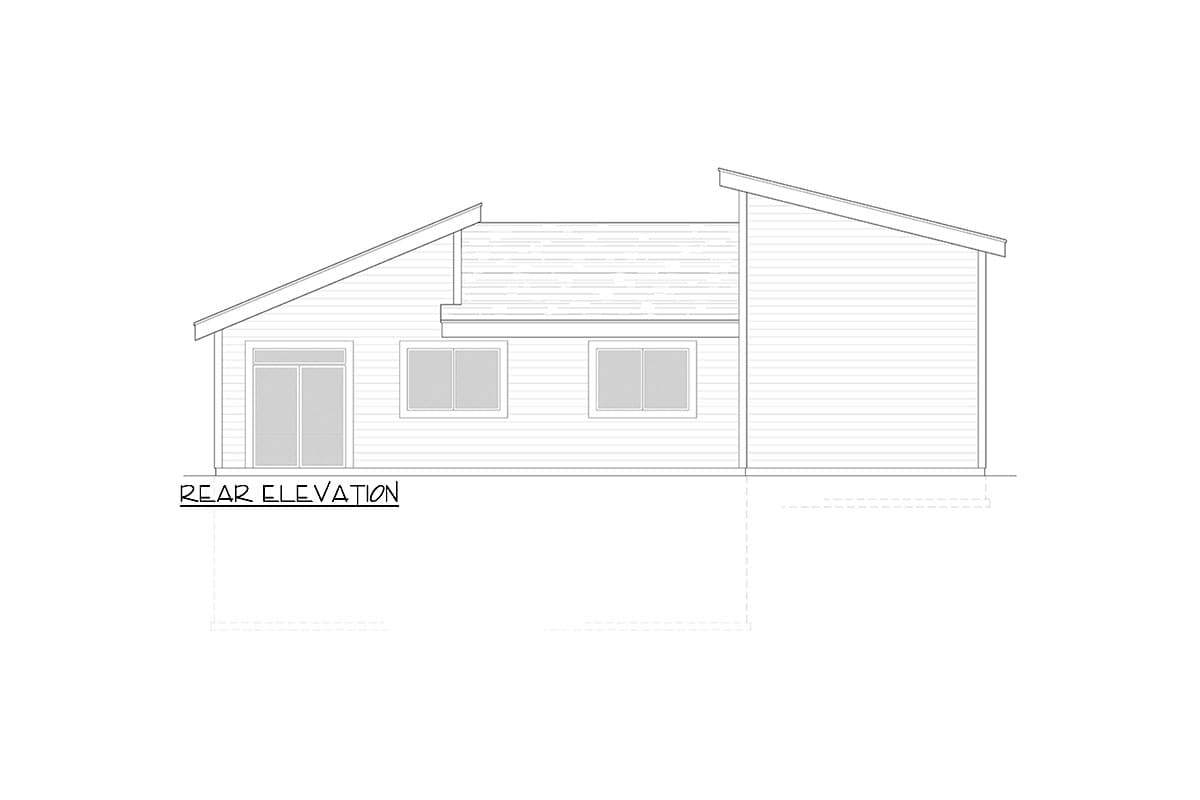 Rear elevation drawing showing a house plan with sliding doors, two windows, and a multi-level, sloped roof.