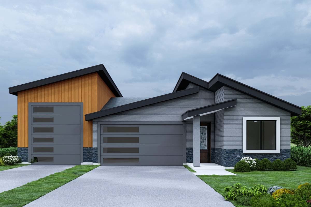 Modern house plan exterior with asymmetrical rooflines, two-car garage, and wood and stone siding.