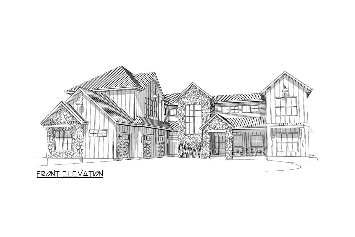 Front elevation drawing of a two-story Modern Farmhouse with stone accents, metal roof, and multiple garages.